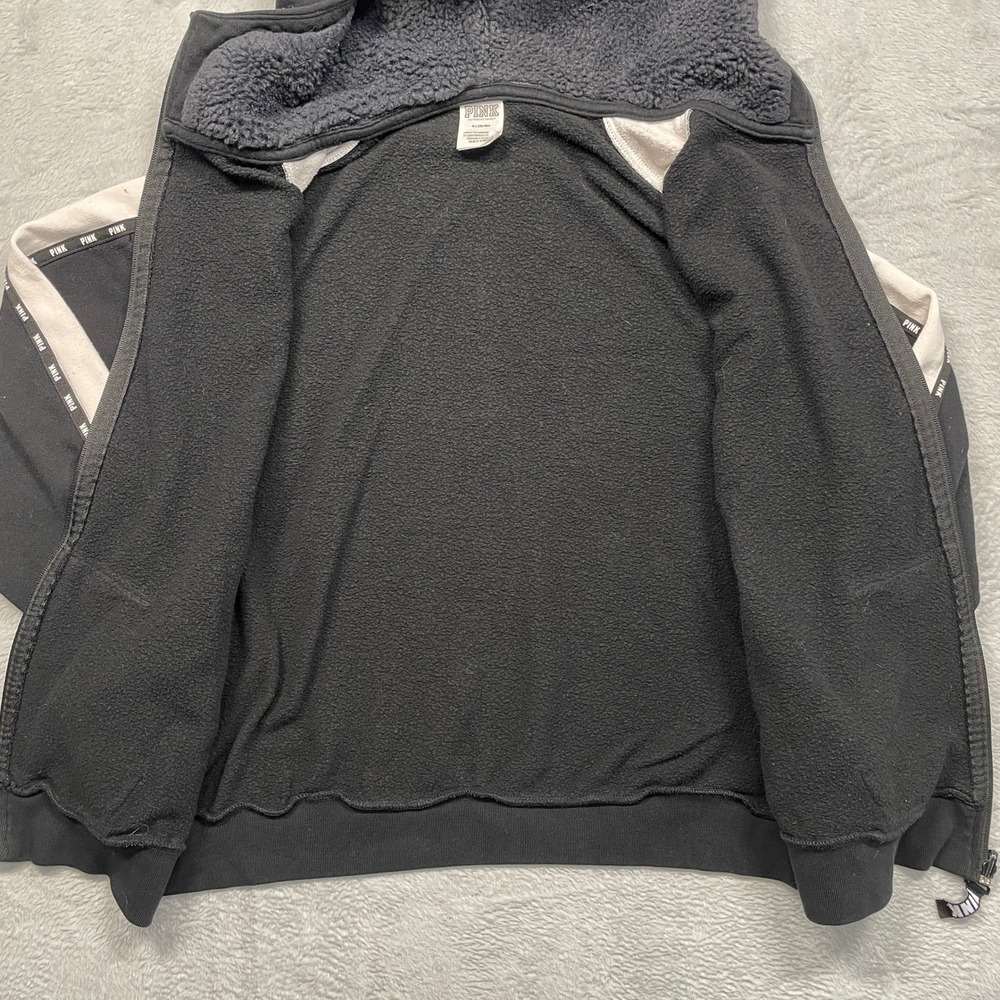 PINK Victoria's Secret Zip Hoodie Women Medium Black Sherpa Hood white Stripe - Picture 6 of 11